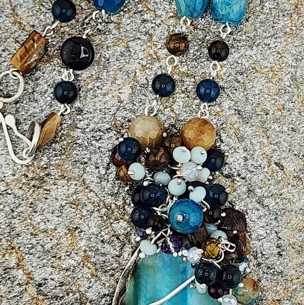 AGATE, AMAZONITE & TIGERS EYE GENUINE GEMSTONE NECKLACE HANDMADE STERLING SILVER - Picture 14 of 14